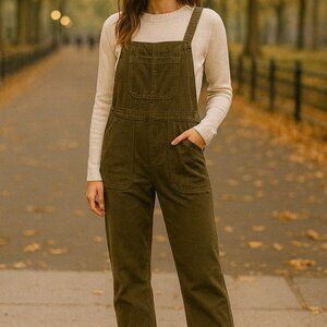 Women's Overall Cotton Army Green Bib Pockets Boho Cottagecore Relaxed Casual